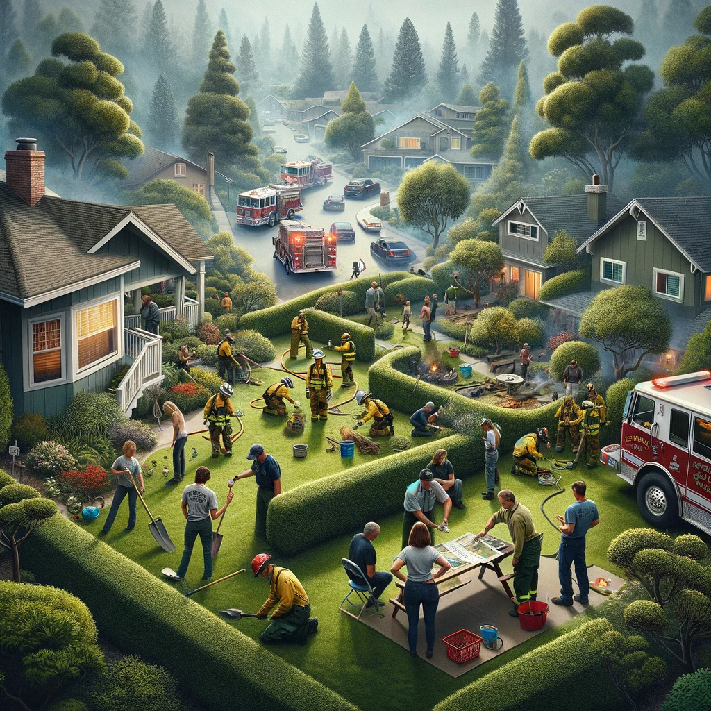 Community members and firefighters collaborate in a green suburban neighborhood for wildfire prevention, showcasing the Scripps Ranch Fire Safe Council's efforts.